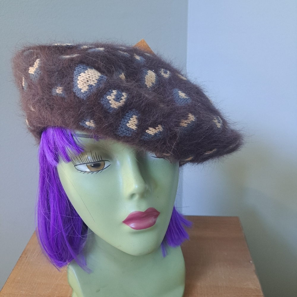 C.C Brown/Grey/Cream Cony Hair And Wool Blend Animal Print Hat/Beret - Picture 4 of 7